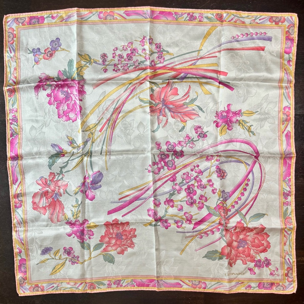vintage Leonard Paris scarf with Pink and Gold Accents-with callouts